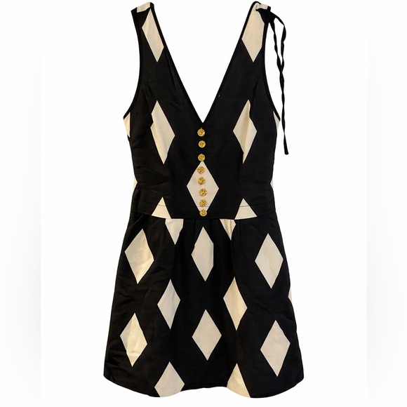Black White Diamond A Line Harlequin Mini Dress - Picture 2 of 14